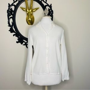 Black Swan White Button Up Collared Long Sleeve Shirt with Ruffle Details